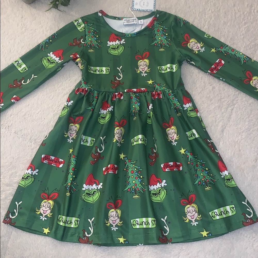 NWT The Grinch Green Holiday Dress 5 Rylee Faith Designs Christmas